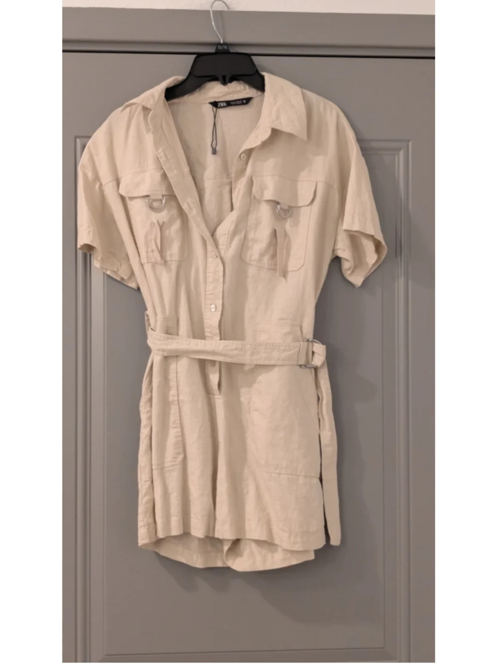 Zara Beige Linen Blend Utility Romper Belted Safari Style Women's Size Small